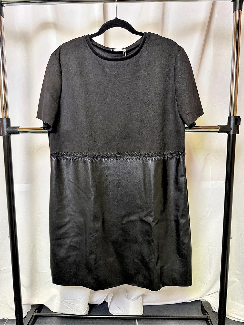 Zara womens faux leather mixed media Mini Dress in Black XL NWT